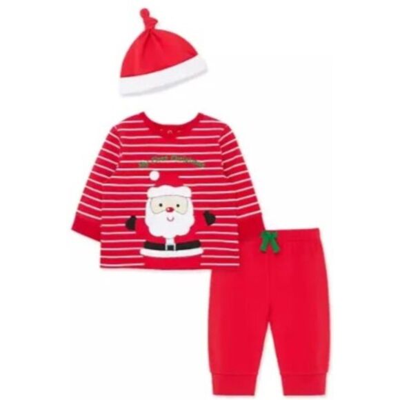 NEW Little Me Boys 9 Months "My First Christmas" Santa Joggers 3 Pc Set With Hat - Picture 2 of 14